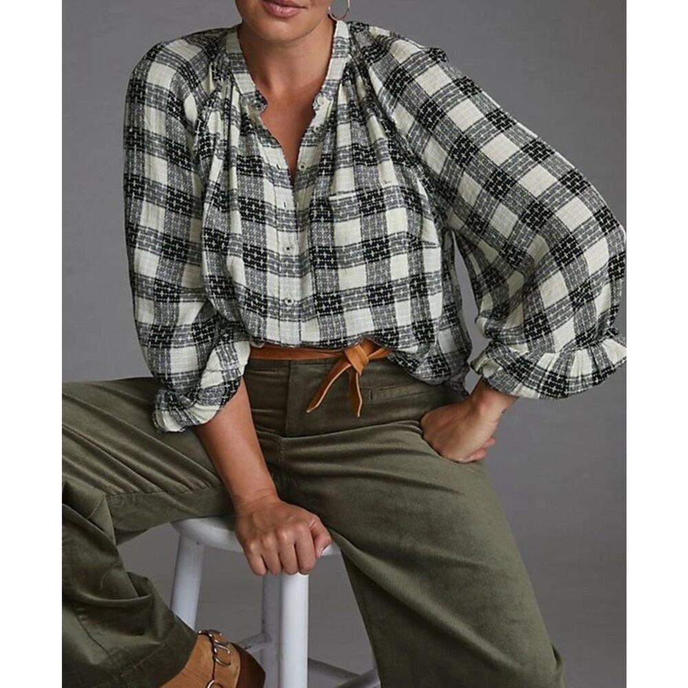 Anthropologie Pilcro Breezy Button Up Black White Plaid Relax Fit Preppy Sz XS